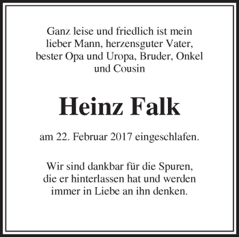Traueranzeige von Heinz Falk von Märkische Oderzeitung