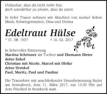 Traueranzeige von Edeltraut Hülse von Märkische Oderzeitung