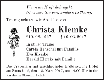 Traueranzeige von Christa Klemke von Märkische Oderzeitung