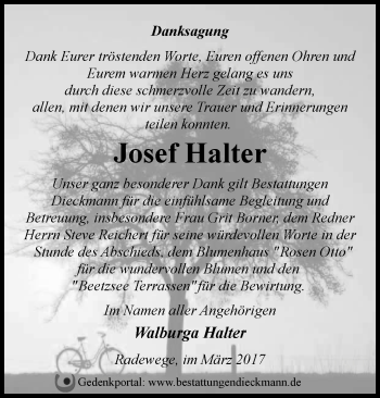 Traueranzeige von Josef Halter von Märkische Oderzeitung