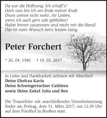 Traueranzeige von Peter Forchert von Märkische Oderzeitung