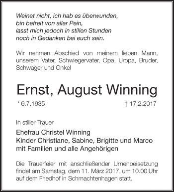 Traueranzeige von Ernst August Winning von Märkische Oderzeitung