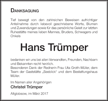 Traueranzeige von Hans Trümper von Märkische Oderzeitung