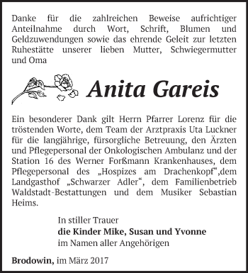 Traueranzeige von Anita Gareis von Märkische Oderzeitung