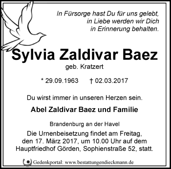Traueranzeige von Sylvia Zaldivar Baez von Märkische Oderzeitung
