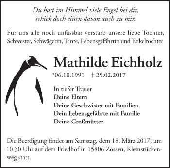 Traueranzeige von Mathilde Eichholz von Märkische Oderzeitung