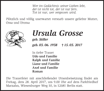 Traueranzeige von Ursula Grosse von Märkische Oderzeitung