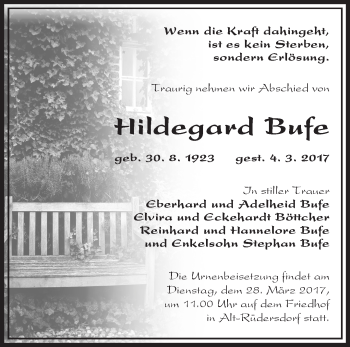 Traueranzeige von Hildegard Bufe von Märkische Oderzeitung