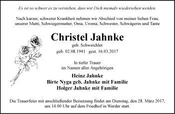 Traueranzeige von Christel Jahnke von Märkische Oderzeitung