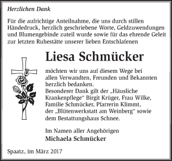 Traueranzeige von Liesa Schmücker von Märkische Oderzeitung