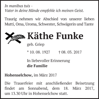 Traueranzeige von Käthe Funke von Märkische Oderzeitung