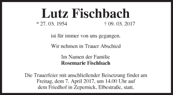 Traueranzeige von Lutz Fischbach von Märkische Oderzeitung