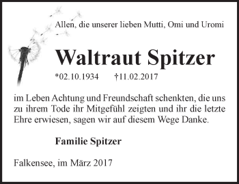 Traueranzeige von Waltraut Spitzer von Märkische Oderzeitung