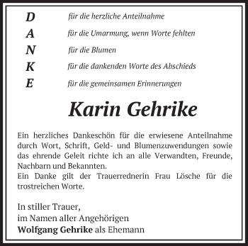 Traueranzeige von Karin Gehrike von Märkische Oderzeitung