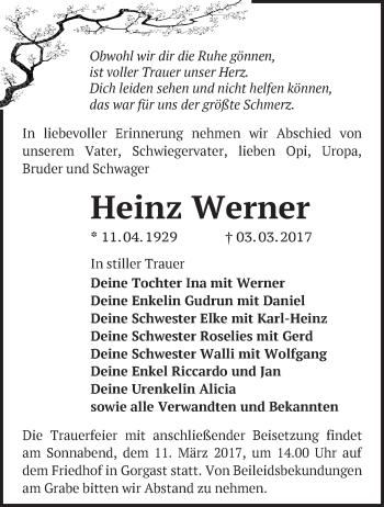 Traueranzeige von Heinz Werner von Märkische Oderzeitung