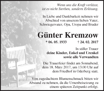 Traueranzeige von Günter Kremzow von Märkische Oderzeitung
