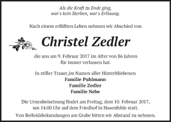 Traueranzeige von Christel Zedler von Märkische Oderzeitung