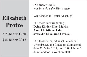 Traueranzeige von Elisabeth Protze von Märkische Oderzeitung