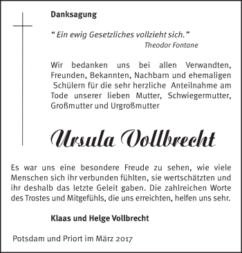 Traueranzeige von Ursula Vollbrecht von Märkische Oderzeitung