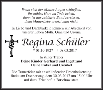 Traueranzeige von Regina Schüler von Märkische Oderzeitung