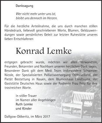 Traueranzeige von Konrad Lemke von Märkische Oderzeitung