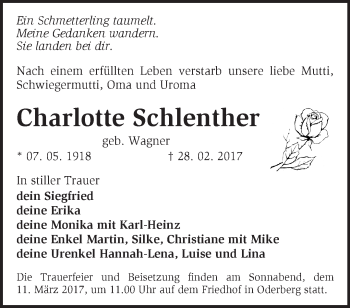 Traueranzeige von Charlotte Schlenther von Märkische Oderzeitung