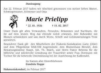 Traueranzeige von Marie Prielipp von Märkische Oderzeitung