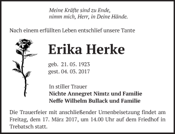 Traueranzeige von Erika Herke von Märkische Oderzeitung