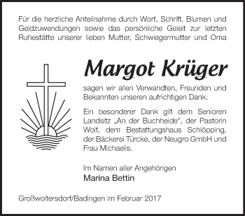 Traueranzeige von Margot Krüger von Märkische Oderzeitung