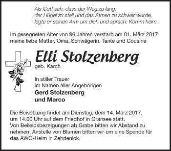 Traueranzeige von Elli Stolzenberg von Märkische Oderzeitung