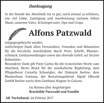 Traueranzeige von Alfons Patzwald von Märkische Oderzeitung