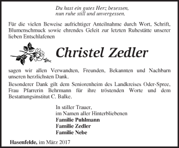 Traueranzeige von Christel Zedler von Märkische Oderzeitung