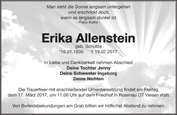 Traueranzeige von Erika Allenstein von Märkische Oderzeitung