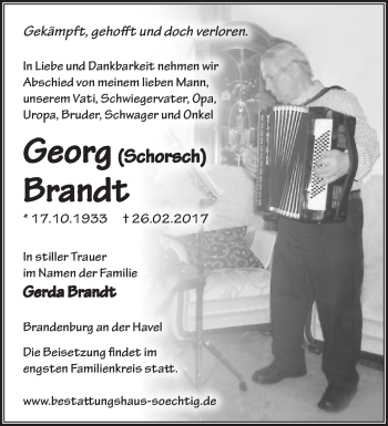 Traueranzeige von Georg Brandt von Märkische Oderzeitung