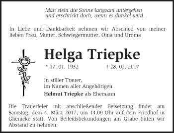 Traueranzeige von Helga Triepke von Märkische Oderzeitung