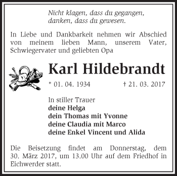 Traueranzeige von Karl Hildebrandt von Märkische Oderzeitung