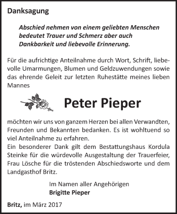 Traueranzeige von Peter Pieper von Märkische Oderzeitung