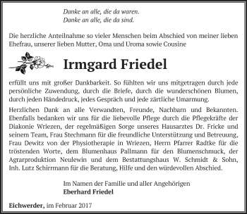 Traueranzeige von Irmgard Friedel von Märkische Oderzeitung