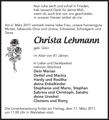 Traueranzeige von Christa Lehmann von Märkische Oderzeitung