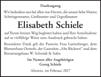 Traueranzeige von Elisabeth Schiele von Märkische Oderzeitung