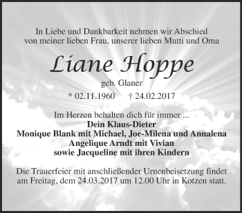 Traueranzeige von Liane Hoppe von Märkische Oderzeitung