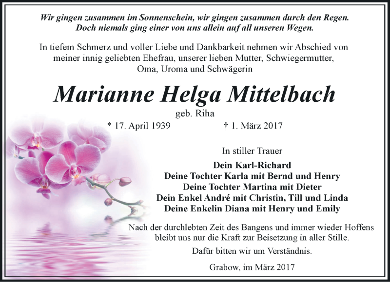  Traueranzeige für Marianne Helga Mittelbach vom 12.03.2017 aus Märkische Oderzeitung