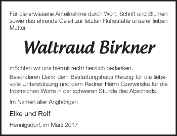 Traueranzeige von Waltraud Birkner von Märkische Oderzeitung