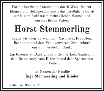 Traueranzeige von Horst Stemmerling von Märkische Oderzeitung