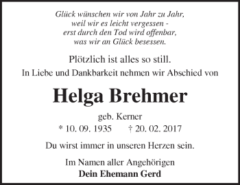 Traueranzeige von Helga Brehmer von Märkische Oderzeitung