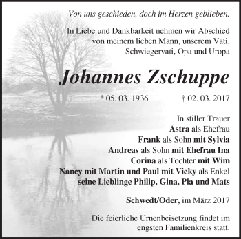 Traueranzeige von Johannes Zschuppe von Märkische Oderzeitung