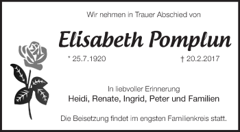 Traueranzeige von Elisabeth Pomplun von Märkische Oderzeitung