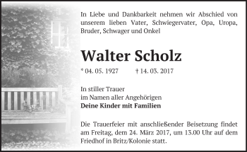 Traueranzeige von Walter Scholz von Märkische Oderzeitung