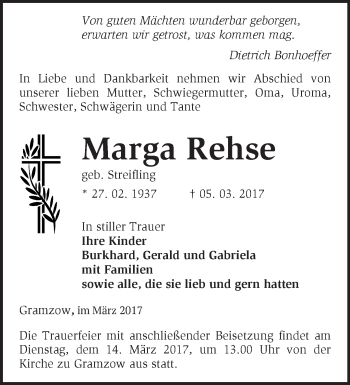 Traueranzeige von Marga Rehse von Märkische Oderzeitung