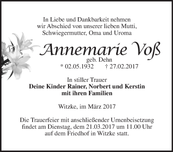 Traueranzeige von Annemarie Voß von Märkische Oderzeitung